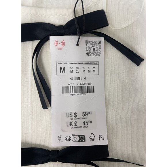 Zara Women Short Knitted Dress Medium M White Bow 3/4 Sleeves 2142/201 NWT - Picture 6 of 15